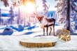 Table covered with snow and frost, place for your product, wooden podium and Christmas decoration, blurry natural background of forest landscape and reindeer, Christmas magical december  time, 