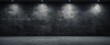 Dark Empty Loft Room with Black Brick Wall, Tile Floor And Spotlights. Industrial Studio Interior With Copy Space