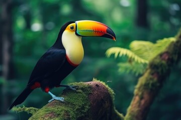 Toucan sits on a branch in the forest, green vegetation