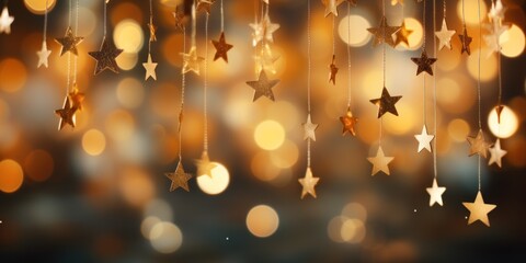 Poster - Star Abstract Decoration Lights, Gold Sparkles, Shine Blurred Background.