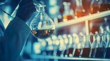 Scientist Holding Flask With Lab Glassware In Chemical Laboratory Background.