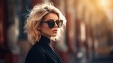 Fototapeta  - Beautiful blonde woman with sunglasses, fashion and style concept. Generative AI