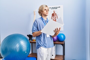 Poster - Young blond man pysiotherapist smiling confident reading document at rehab clinic