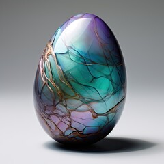 Wall Mural - iridescent opalized birds egg with distinctive markings - studio product closeup on plain background