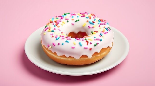 A pink frosted donut with colorful sprinkles and a bite