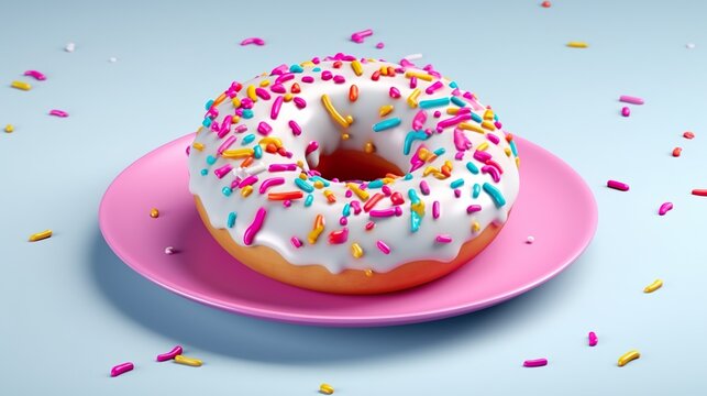 A pink frosted donut with colorful sprinkles and a bite