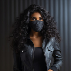 young black model wearing protective mask and black shirt and black power hair, ai technology