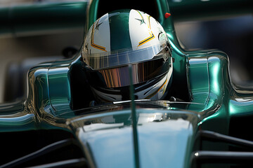 Generative AI illustration of closeup view of a Formula 1 driver's helmet reflecting the track positioned in a shiny green racing car cockpit