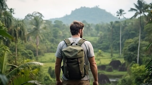 Man backpacker travel in tropical jungle forest. Travel Lifestyle and success concept vacations into the wild nature