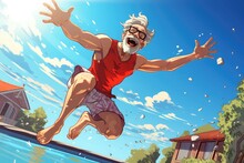 Senior Man Red Shirt And Shorts Jumping Into A Pool And Doing A Cannonball. His Arms And Legs Are Spread Out.