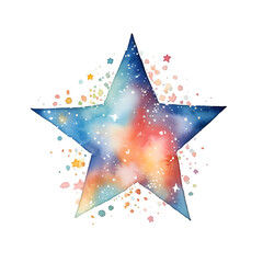 Hand drawn blue watercolor star with sparkles isolated on transparent background