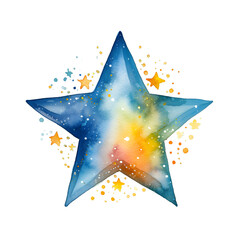 Hand drawn blue watercolor star with sparkles isolated on transparent background