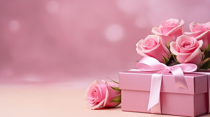 Wall Mural - Bouquet of pink tulips and gift box on pink background. Valentine's Day banner 