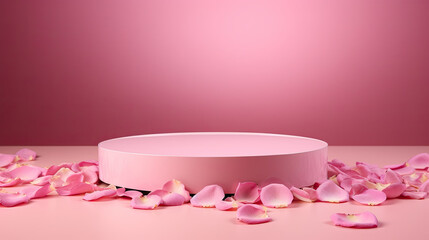 Wall Mural - Pink podium with rose pink petals on pink background