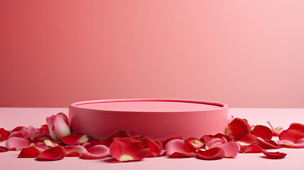 Wall Mural - Red podium with rose petals on pink background, Product Mockup 