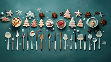 Sticker -  a table topped with lots of different types of food and utensils next to a plate of cookies and star shaped candies on top of a blue background with snowflakes and snowflakes.