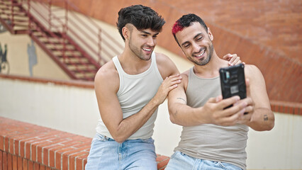 Poster - Two men couple smiling confident make selfie by smartphone at street