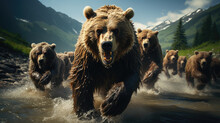 Bears In Wild Nature, Running On Camera. Action Wildlife Scene With Dangerous Animal. Grizzly Running Along The Rocky Shore Of The River.