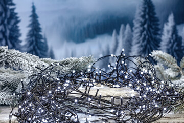 Wall Mural - Desk of free space and winter landscape . Christmas time background. 