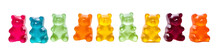 Row Of Sweet Gummy Bears Painted In Different Colors Isolated On Transparent Background