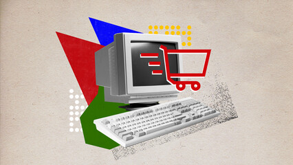 Poster. Contemporary art collage. retro personal computer with shopping basket sign isolated background craft-paper effect with geometry figures.