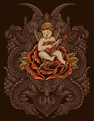 Wall Mural - Illustration vector cupid angel playing guitar sitting on rose with engraving ornament