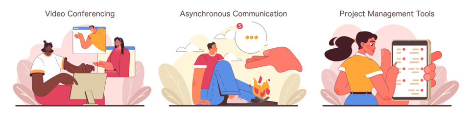 Poster - Digital Teamwork set. Multitaskers in video conferencing, engaging in asynchronous communication, utilizing project management tools. Collaboration in a virtual workspace. Flat vector illustration