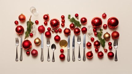 Sticker -  a white table topped with silverware and red christmas ornament next to silverware and silverware forks and spoons and a christmas ornament on a white background.