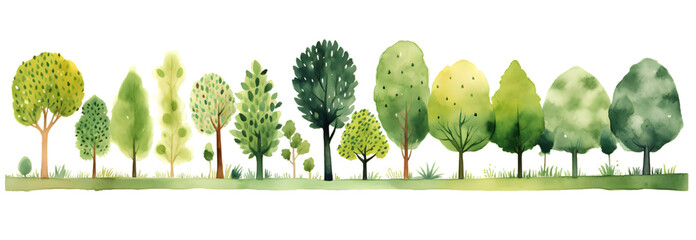 Green trees watercolor horizontal banner isolated on transparent background