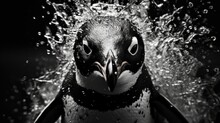  A Black And White Photo Of A Penguin With Water Splashing On It's Face And A Black And White Photo Of A Penguin With Water Splashing On It's Face.
