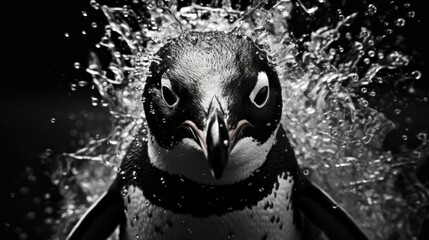 Sticker -  a black and white photo of a penguin with water splashing on it's face and a black and white photo of a penguin with water splashing on it's face.