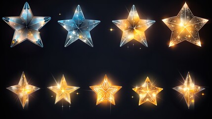 Wall Mural - Sparkling stars, flickering and flashing lights. Collection of different light effects on black background.