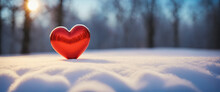 Big Red Shiny Heart In White Snow With Blurred Background. Valentine's Day Illustration. Generative AI