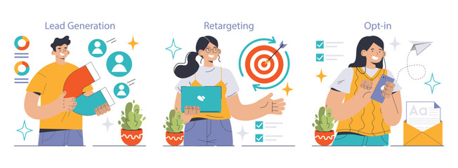 Poster - Conversion rate optimization set. Professionals harnessing tools for digital growth. Lead generation with magnet, precise retargeting strategy, user opt-in via smartphone. Flat vector illustration