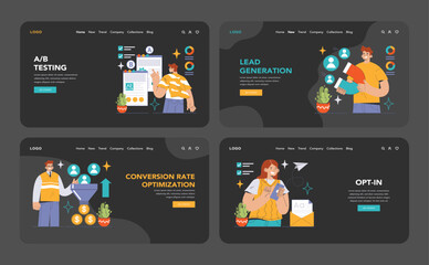 Poster - Conversion Rate Optimization set. Experts analyzing website performance. A B testing, sales funnel, lead generation. User engagement strategies. Flat vector illustration