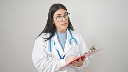 Sticker - Young hispanic woman doctor reading clipboard over isolated white background