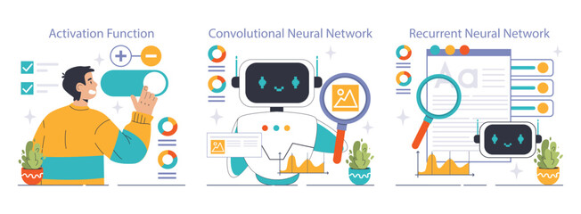 Neural Network Explained set. Dive into machine learning with visuals on Activation Function, Convolutional and Recurrent Neural Networks. Insights to deep learning. Flat vector illustration