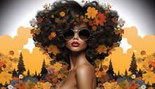 Afro African American Woman With Flowers In Hair. Abstract Woman Portrait. American Black Skin Girl With Flower. Fashion Illustration. Trendy Modern Minimalist Design For Wall Art, Postcards, 
