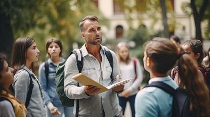 young male teacher explaining to class about the landmark place during school field trip, generative Ai