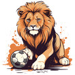 Lion playing football illustration, king of jungle, isolated on transparent background.
