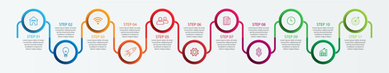 Aufkleber - Simple infographic 11 sections or options, simple design with colored circles and lines. icons, text and numbers, for presentations, flow diagrams and your business