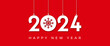 2024 happy new year banner with snowflakes hanging unique, modern, elegant design on red background. 2024 design with happy new year 2024, merry christmas concept for social media, cover design