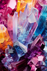 Poster - A magnified view of nanoscale crystals, their geometric shapes and vibrant colors creating an abstract and visually stunning compositio