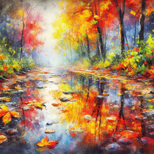 Water Painting Of Depict A Scene Where Rain Has Created Puddles On The Ground, Reflecting The Vibrant Colors Of Autumn Leaves. Experiment With Reflections, Showcasing The Leaves.