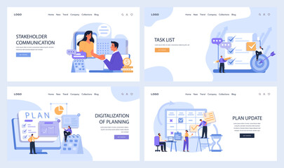 Poster - Business Planning Concepts set. Collaborative stakeholder discussions, effective task lists creation, embracing digital planning tools, and timely plan revisions. Flat vector.