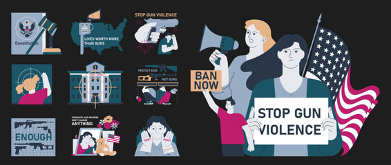 Gun control dark or night mode set. Second amendment ban. Weapon regulations law movement. Firearm violence. Mass shooting in public places and school. Flat vector illustration