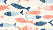 Minimalistischer Risograph-Druck mit Fischen, vielfarbige Darstellung auf hellem Hintergrund, nahtloses Muster, nahtloser Hintergrund