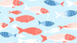 © mutom - Minimalistischer Risograph-Druck mit Fischen, vielfarbige Darstellung auf hellem Hintergrund, nahtloses Muster, nahtloser Hintergrund