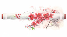 A Watercolor Painting Of A Chinese Scroll With Blessings, Chinese New Year Symbols, Watercolor Style, White Background, With Copy Space