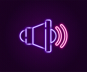 Wall Mural - Glowing neon line Speaker volume, audio voice sound symbol, media music icon isolated on black background. Colorful outline concept. Vector